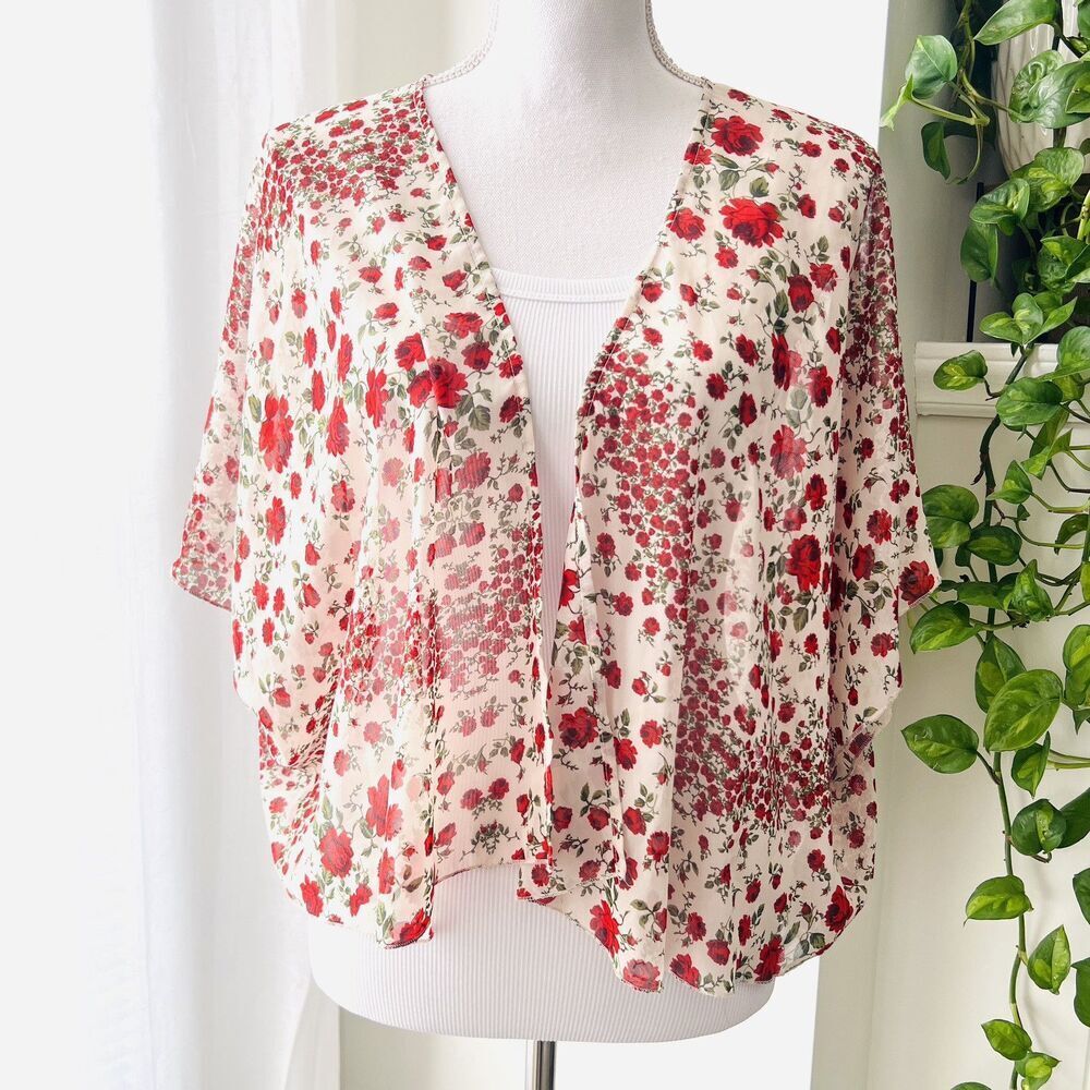 Divided Red & White Floral Lightweight Chiffon Boho Flowy Open Blouse Wrap Small